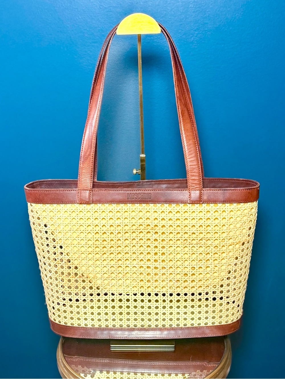 Vintage Moschino Woven Cane Leather Tote Bag